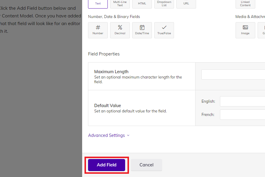 Click "add field" to apply Agility CMS content model field&nbsp;