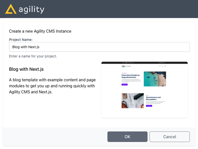 Creating new instance in Agility CMS