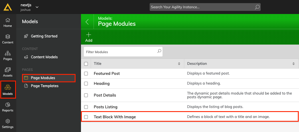 Page Module with text block in Agility CMS