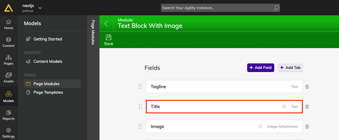 Adding a text field in Agility CMS