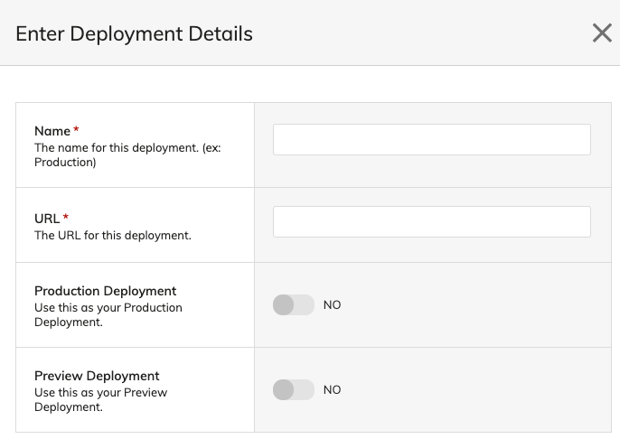 Entering deployment details in Agility CMS