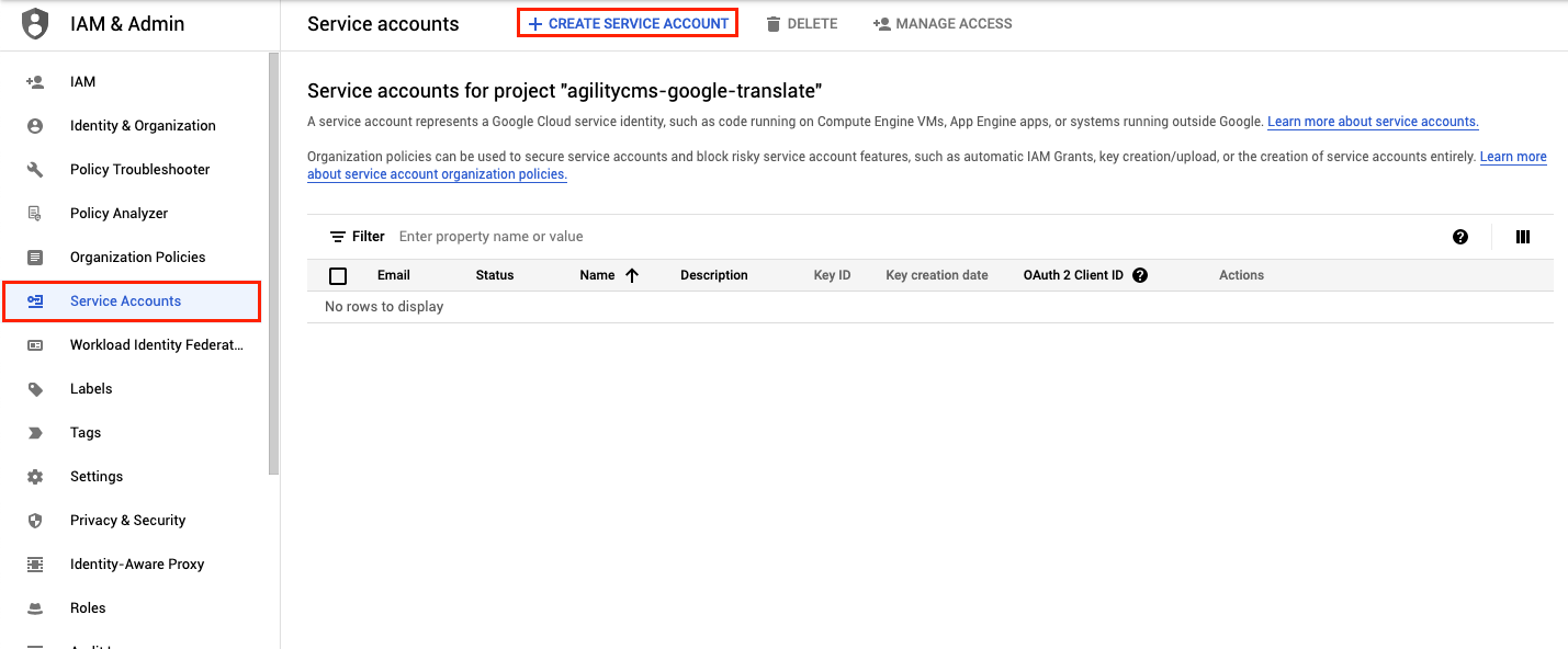 Creating a service account for Google Translate&nbsp;