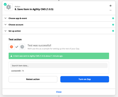 Testing fields from Zapier with Agility CMS