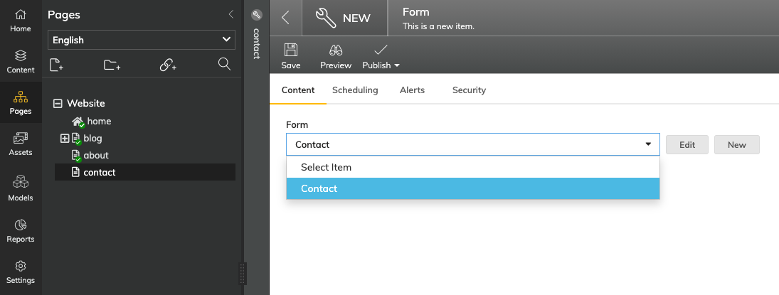 Selecting contact form from dropdown in Agility CMS&nbsp;