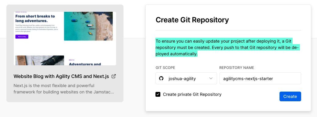 Create Git Repository to deploy Vercel with Agility CMS