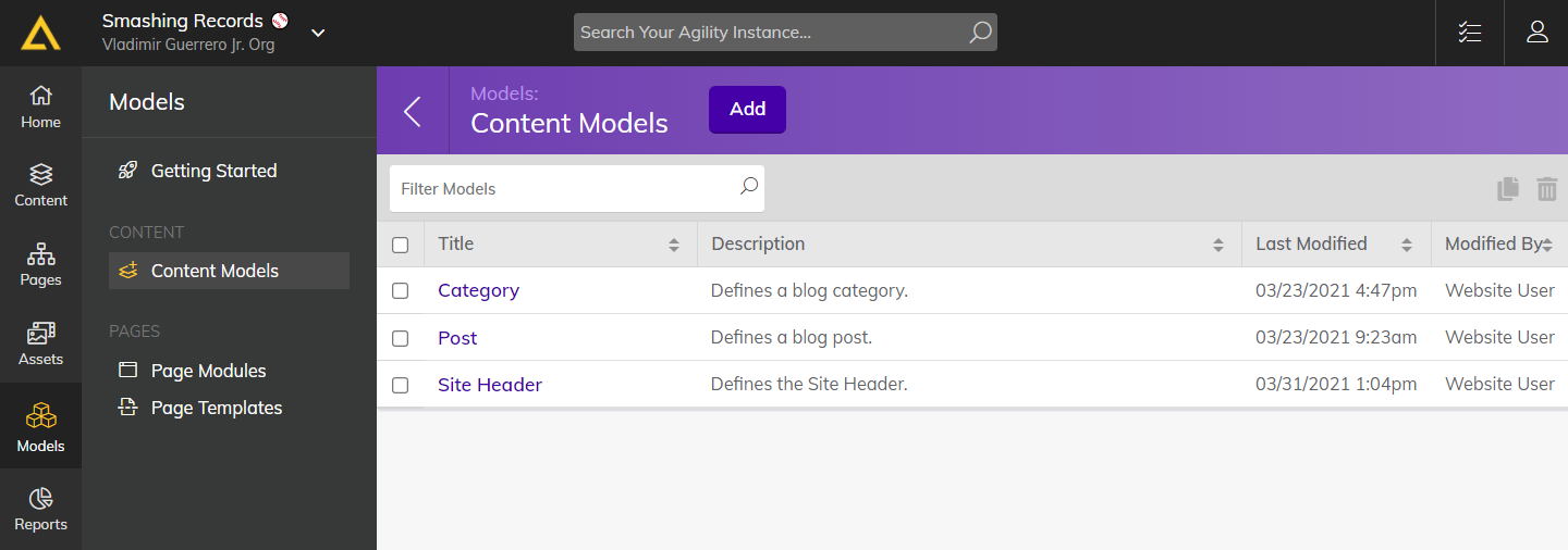 Content models in Agility CMS