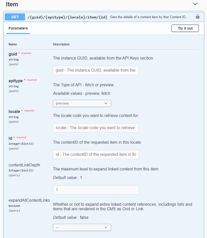 Input parameters for APIs on agilitycms.com