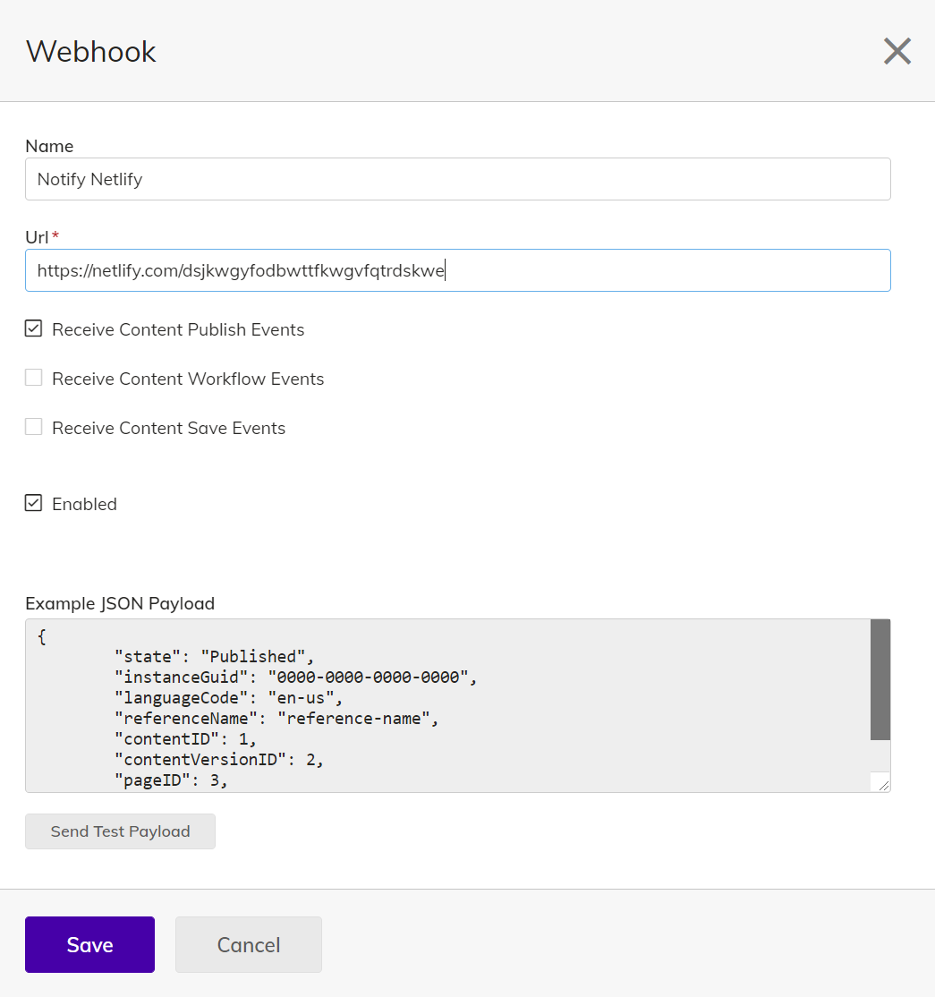 Opening details of new webhook in Agility CMS