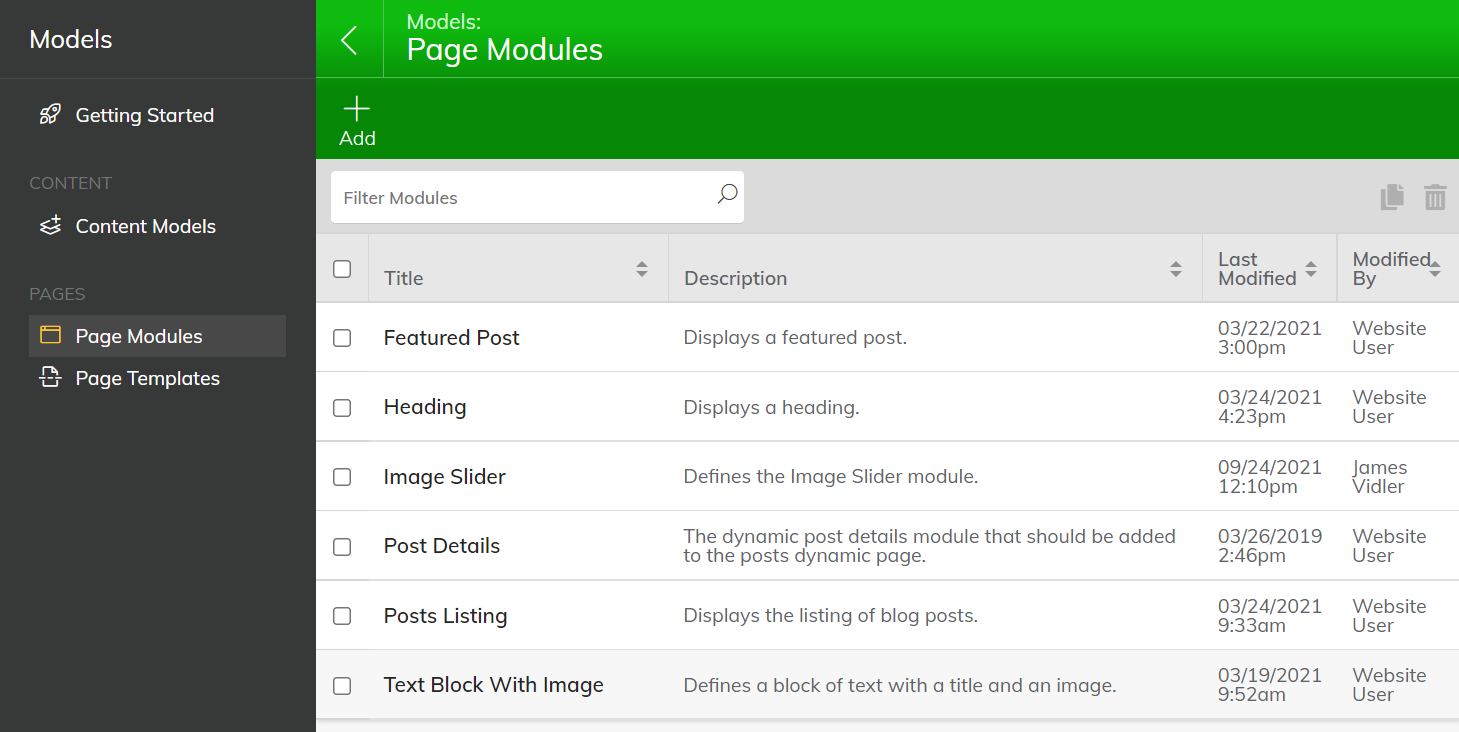 Navigating to modules in Agility CMS