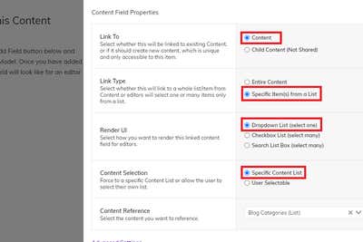 Linked content field settings (earlier version of the interface)