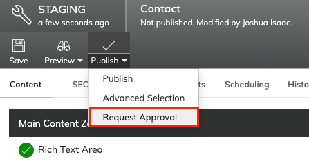Requesting approval in Agility CMS