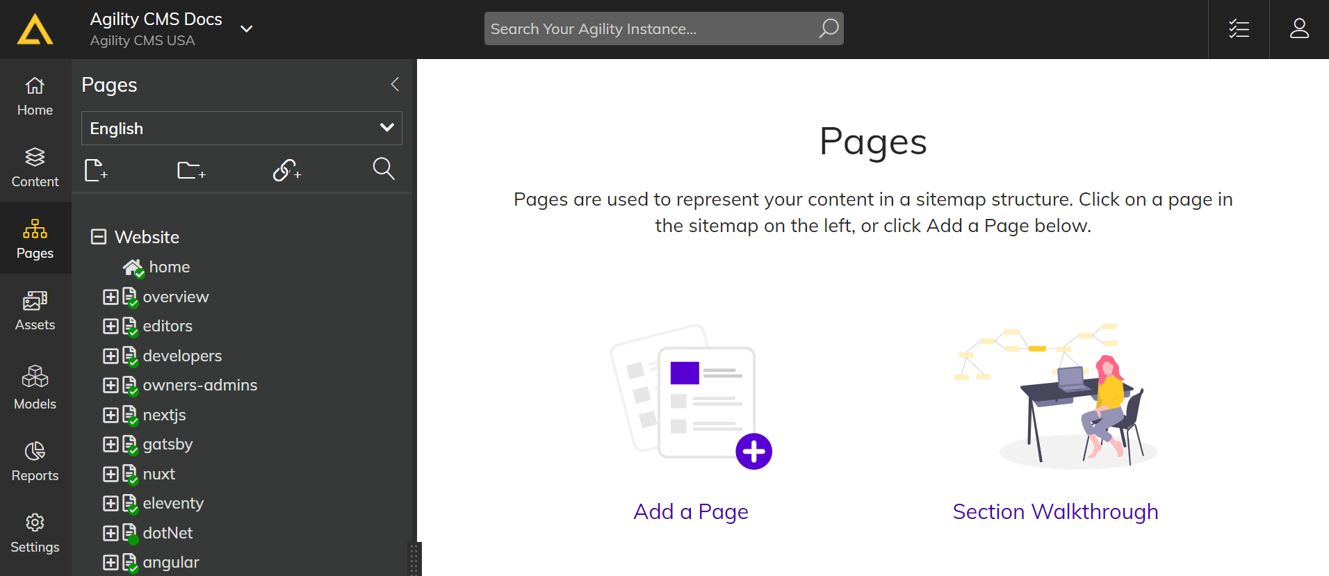 Pages for editors to manage content with Agility CMS