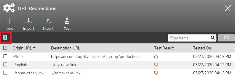 How to delete URL redirections in Agility CMS
