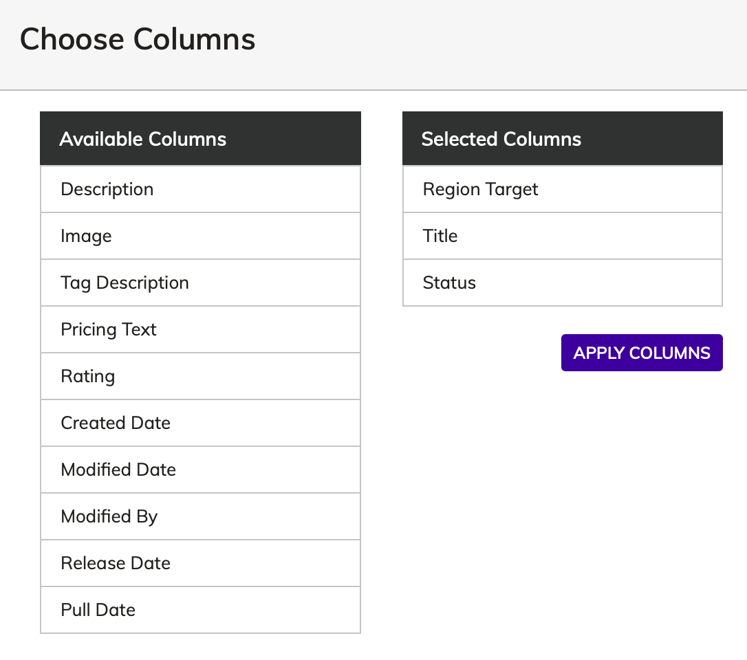 Choosing columns in Agility CMS