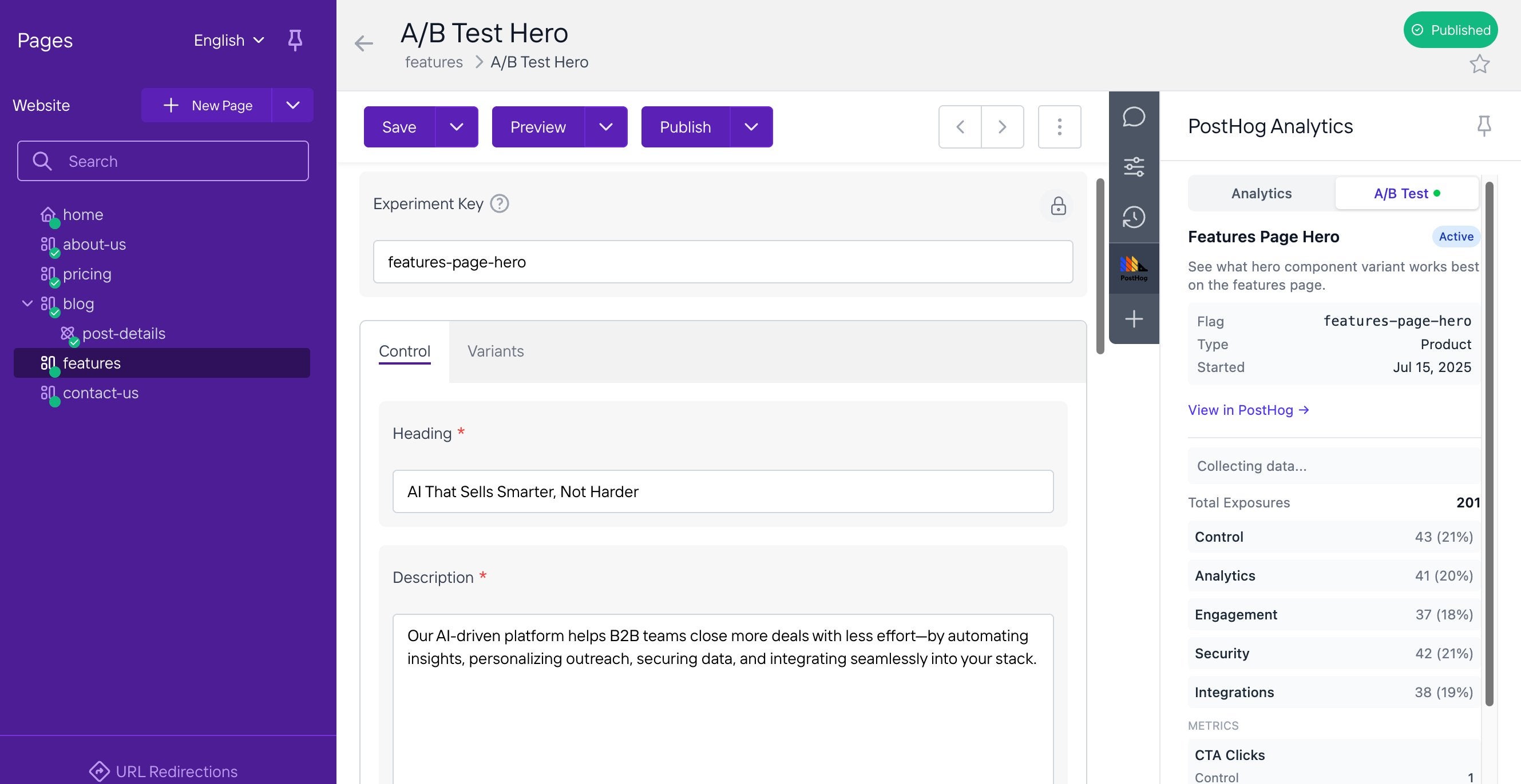 Agility CMS content editor showing the A/B Test Hero component with the control heading field and the PostHog Analytics panel open in the right sidebar, showing the experiment is Active with 201 total exposures split across Control, Analytics, Engagement, Security, and Integrations