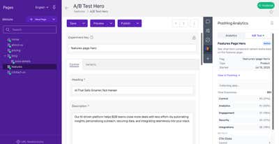 Agility CMS content editor showing the A/B Test Hero component with the control heading field and the PostHog Analytics panel open in the right sidebar, showing the experiment is Active with 201 total exposures split across Control, Analytics, Engagement, Security, and Integrations