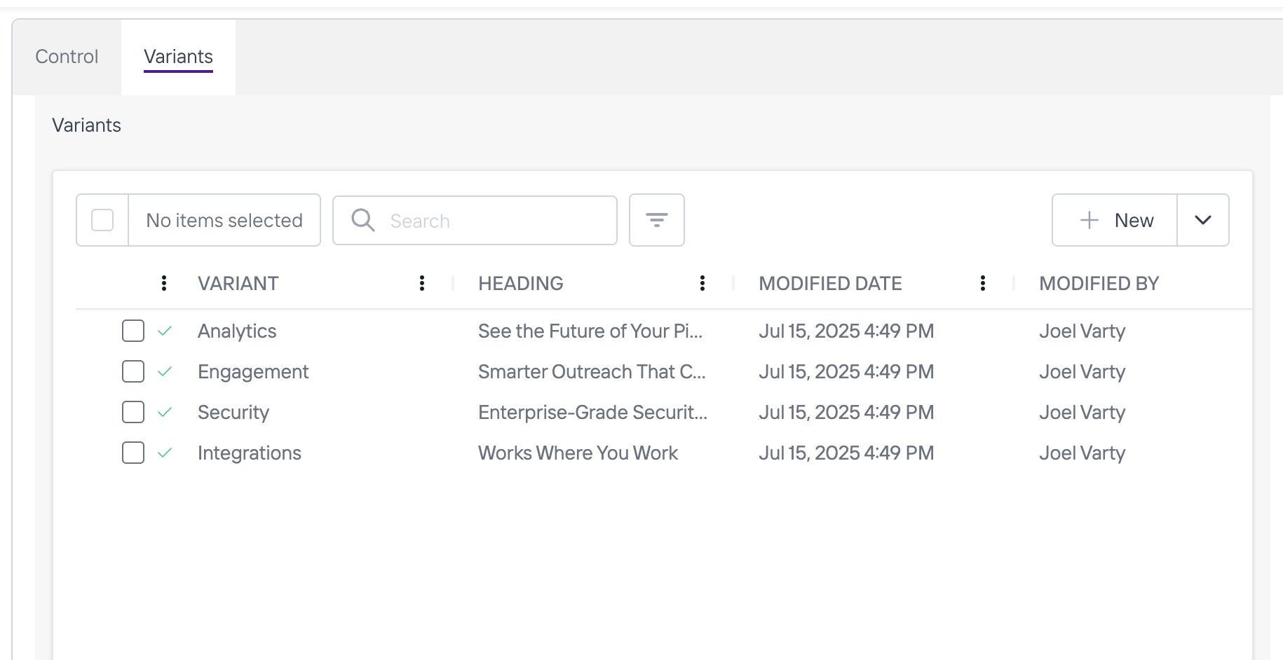 Agility CMS Variants tab showing four published variant content items: Analytics, Engagement, Security, and Integrations, each with a heading and a modified date