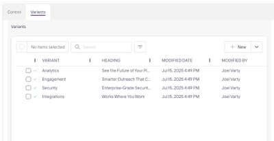 Agility CMS Variants tab showing four published variant content items: Analytics, Engagement, Security, and Integrations, each with a heading and a modified date