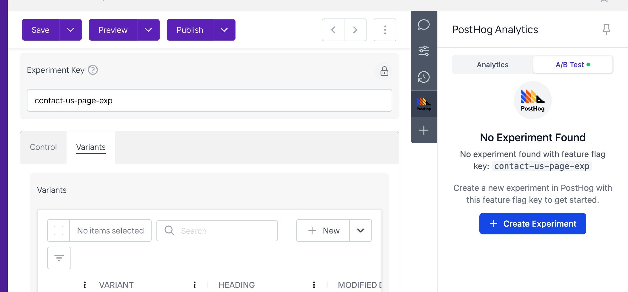 Agility CMS PostHog Analytics panel showing No Experiment Found for the key contact-us-page-exp, with a blue Create Experiment button