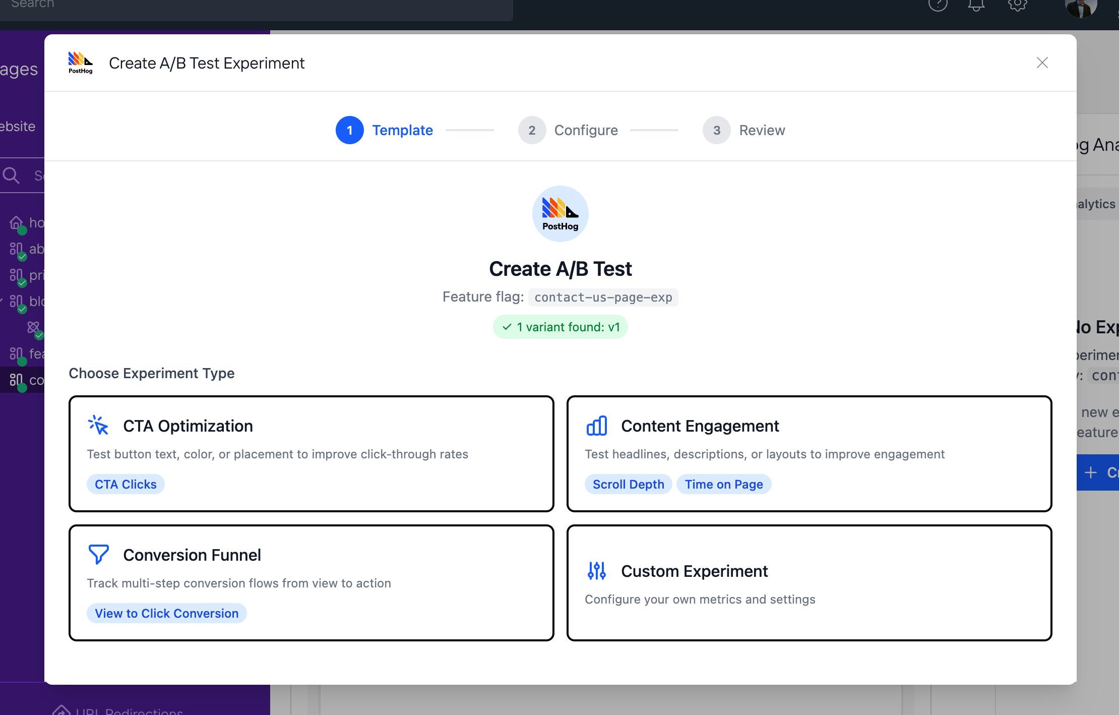 Create A/B Test Experiment wizard Step 1 showing four experiment types to choose from: CTA Optimization, Content Engagement, Conversion Funnel, and Custom Experiment