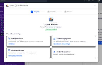 Create A/B Test Experiment wizard Step 1 showing four experiment types to choose from: CTA Optimization, Content Engagement, Conversion Funnel, and Custom Experiment