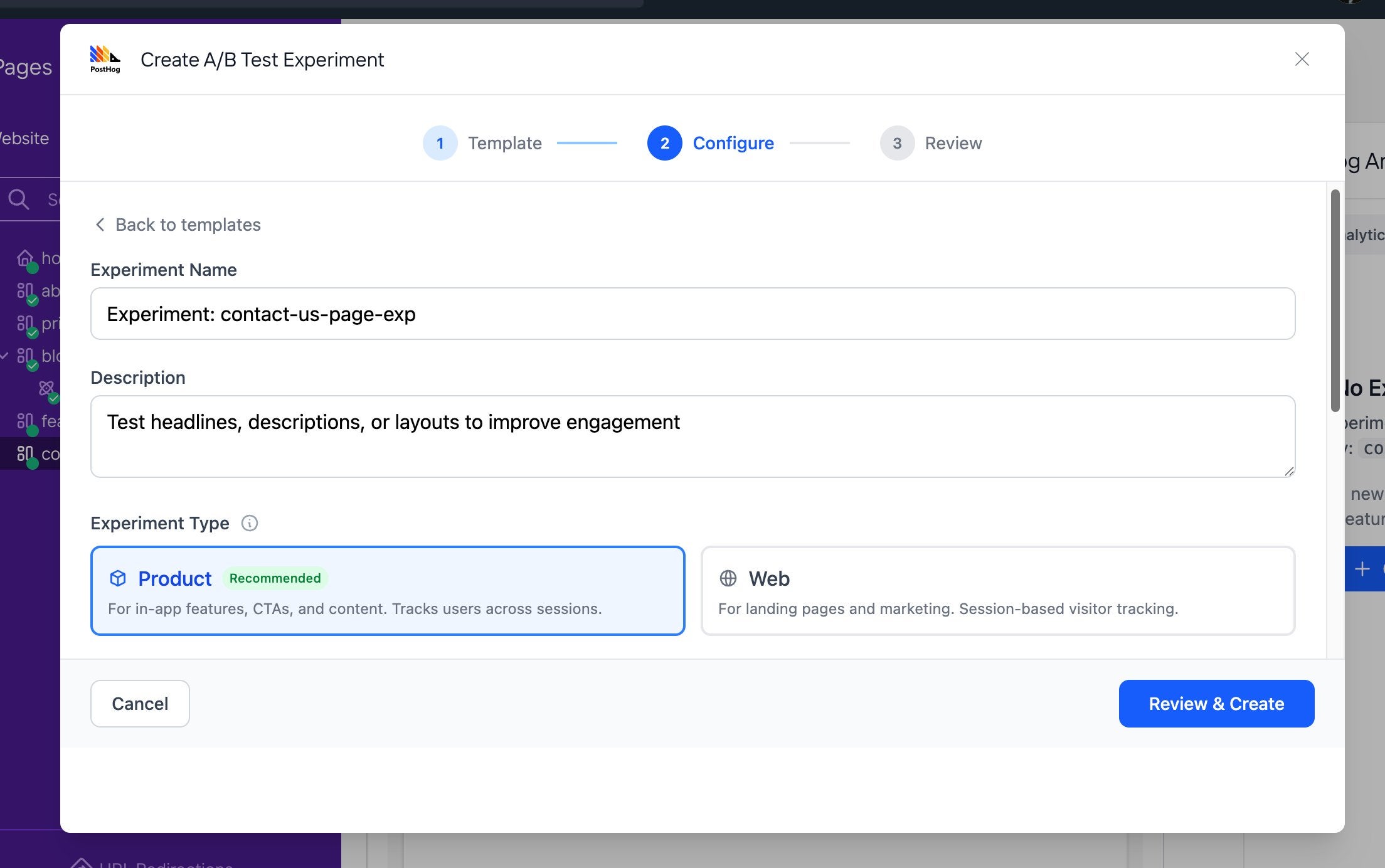 Create A/B Test Experiment wizard Step 2 showing the Experiment Name field, Description field, and Experiment Type selection between Product (recommended) and Web