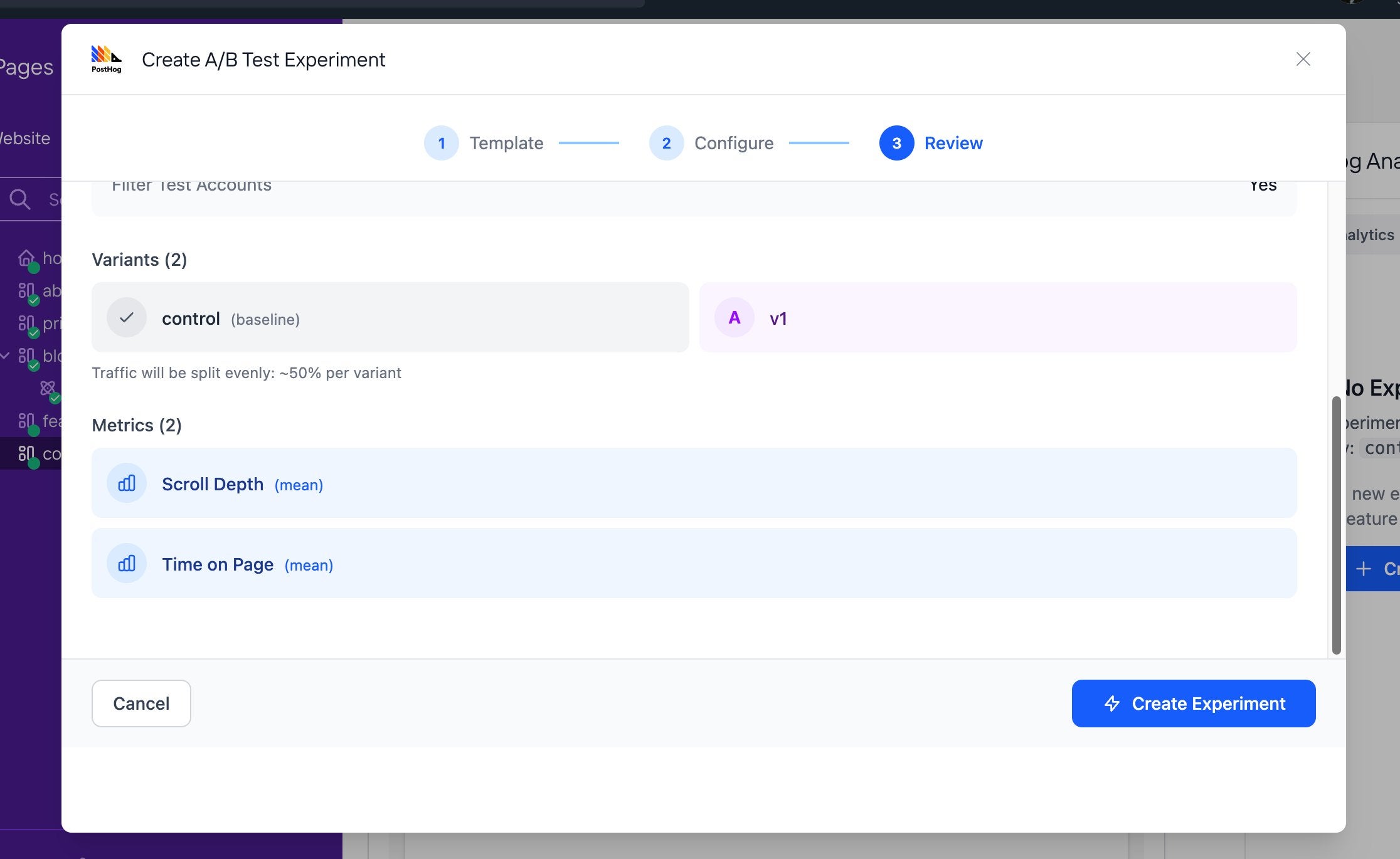 Create A/B Test Experiment wizard Step 3 Review scrolled to show Variants with control baseline and v1, traffic split evenly at 50% per variant, and Metrics showing Scroll Depth mean and Time on Page mean