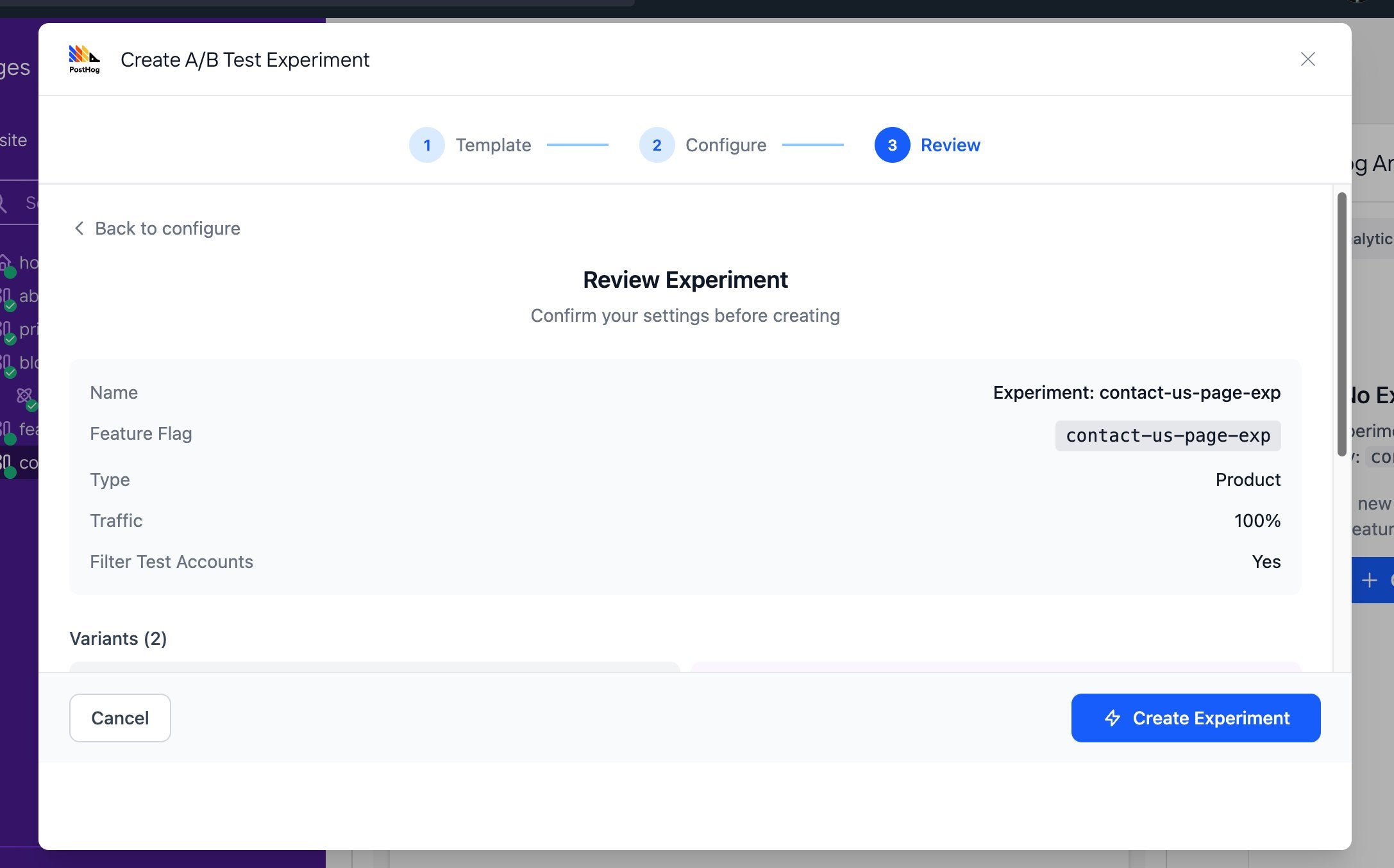 Create A/B Test Experiment wizard Step 3 Review showing Name, Feature Flag key, Type set to Product, Traffic at 100%, and Filter Test Accounts set to Yes