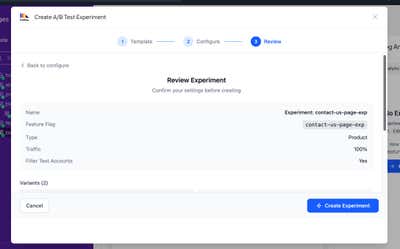 Create A/B Test Experiment wizard Step 3 Review showing Name, Feature Flag key, Type set to Product, Traffic at 100%, and Filter Test Accounts set to Yes
