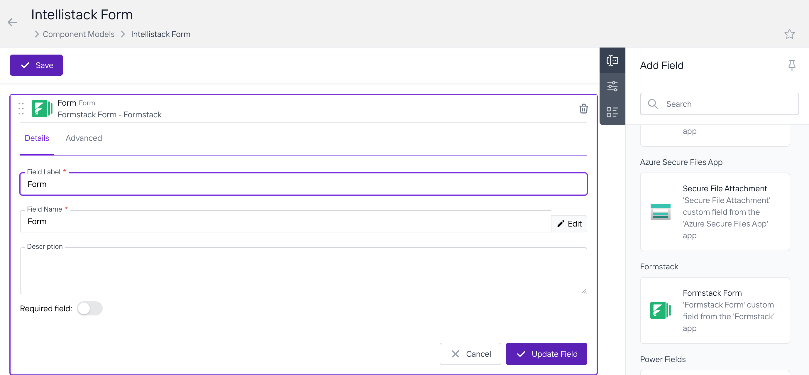 Adding Formstack Field to Component Model - Select the Formstack Form field from the Add Field panel