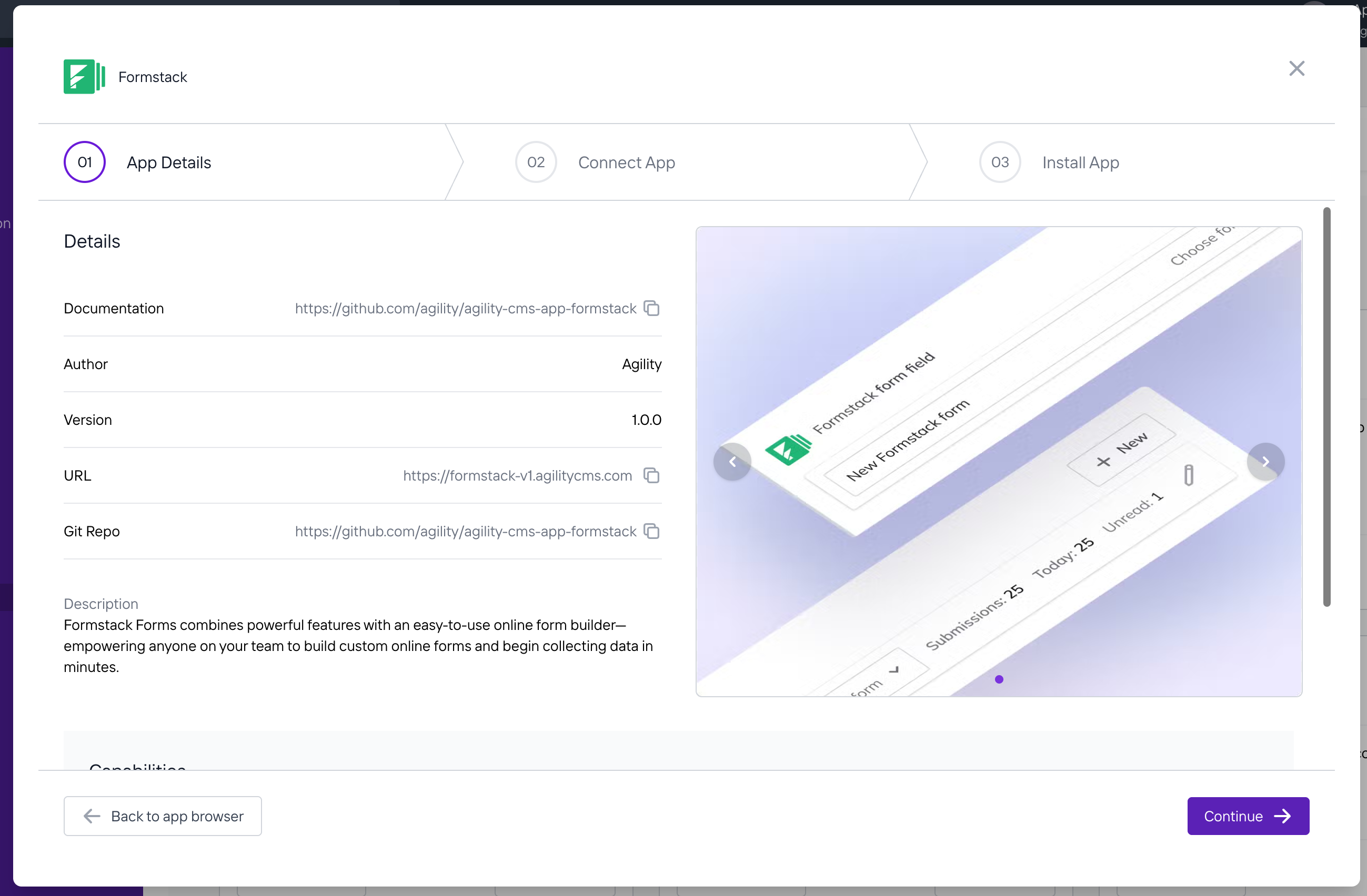 Formstack App Installation Wizard - The 3-step process to install the Formstack app in Agility CMS