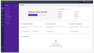 View of the Agility Content dashboard showing content reports, welcome guides, latest changes, and content status