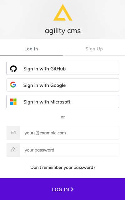 The Agility sign-in page with the Sign in with Microsoft button