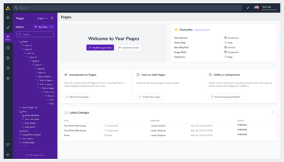 View of the Agility Pages dashboard showing latest pages, and statuses