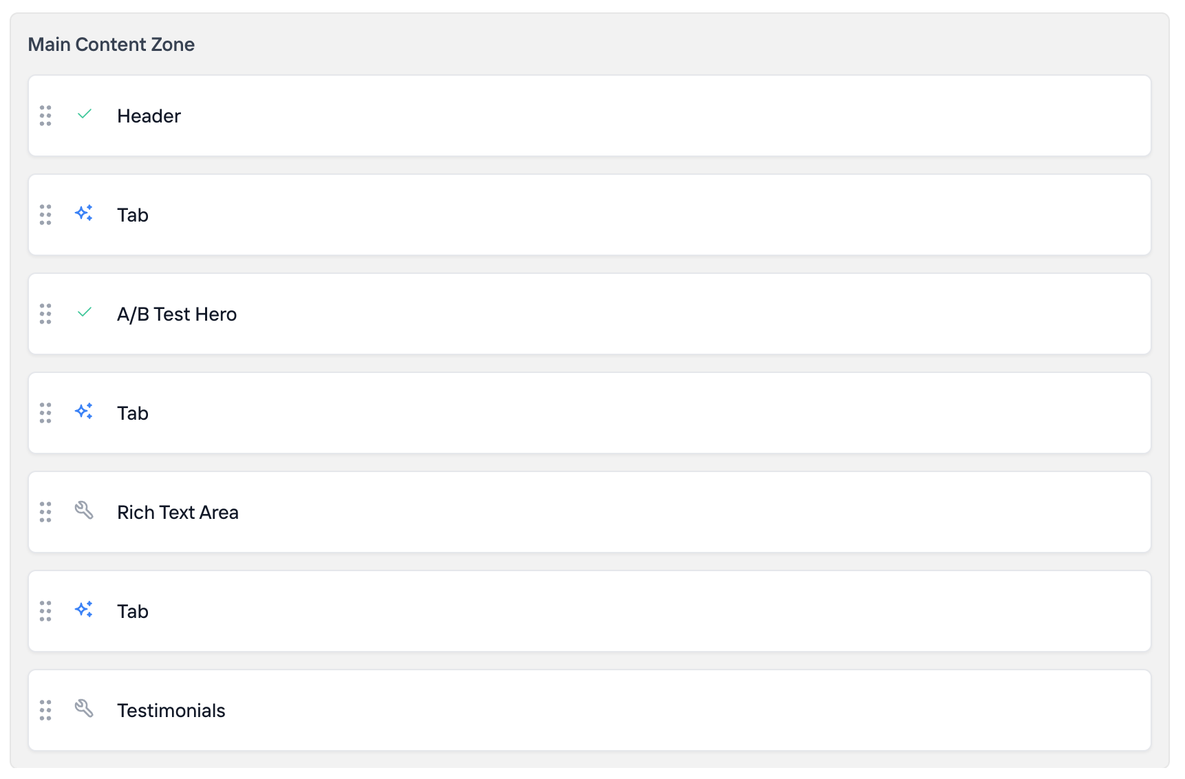 The Agility page editor showing a Main Content Zone with Tab marker components interleaved between regular components — Header, then a Tab, A/B Test Hero, another Tab, Rich Text Area, another Tab, and Testimonials.