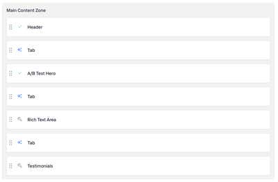 The Agility page editor showing a Main Content Zone with Tab marker components interleaved between regular components — Header, then a Tab, A/B Test Hero, another Tab, Rich Text Area, another Tab, and Testimonials.
