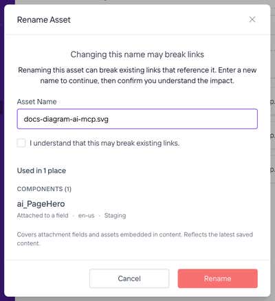 The Rename Asset dialog for an SVG file. Below the name field it says Used in 1 place, and lists one component, attached to a field, in the en-us locale, in Staging.