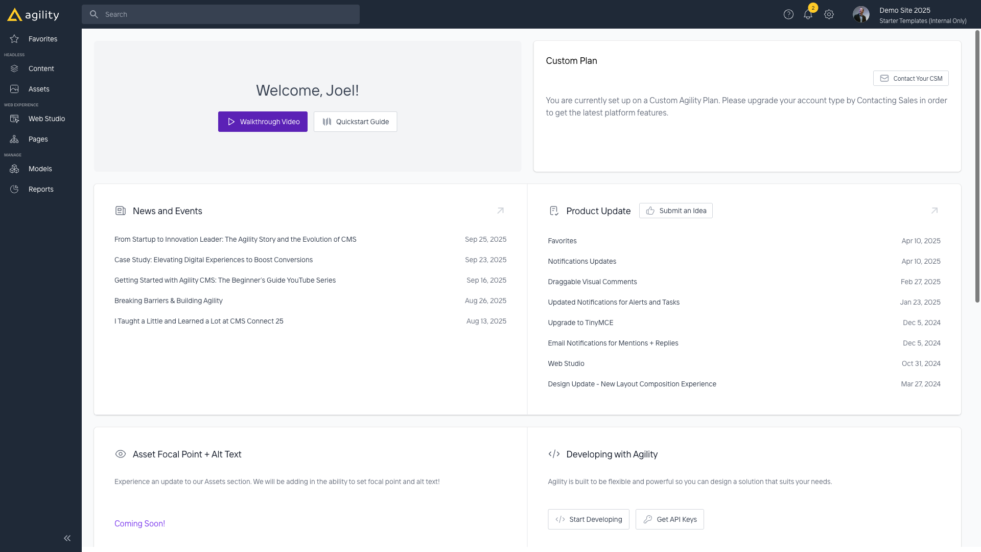Agility CMS Dashboard