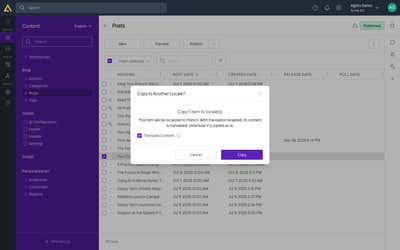 Copying a selected item to French with Translate Content ticked
