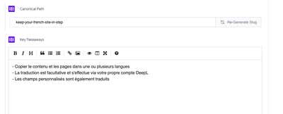 A Power Fields Markdown field after translation. The Canonical Path above it, a URL value, is kept as it is