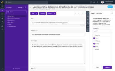 Selecting individual fields to translate. Here Title, Excerpt and Body are checked, and the Translate button has become active