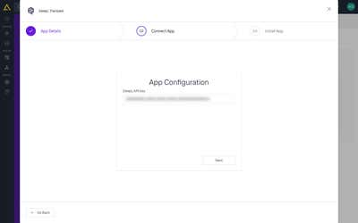 The App Configuration step, where the DeepL API key is entered (blurred here)