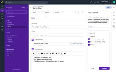 The DeepL Translate panel on a content item in French, with three fields selected