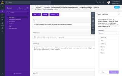 The DeepL Translate panel open on a content item in Spanish