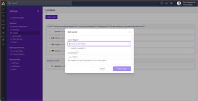 The Add Locale dialog with the ISO locale region dropdown filtering results