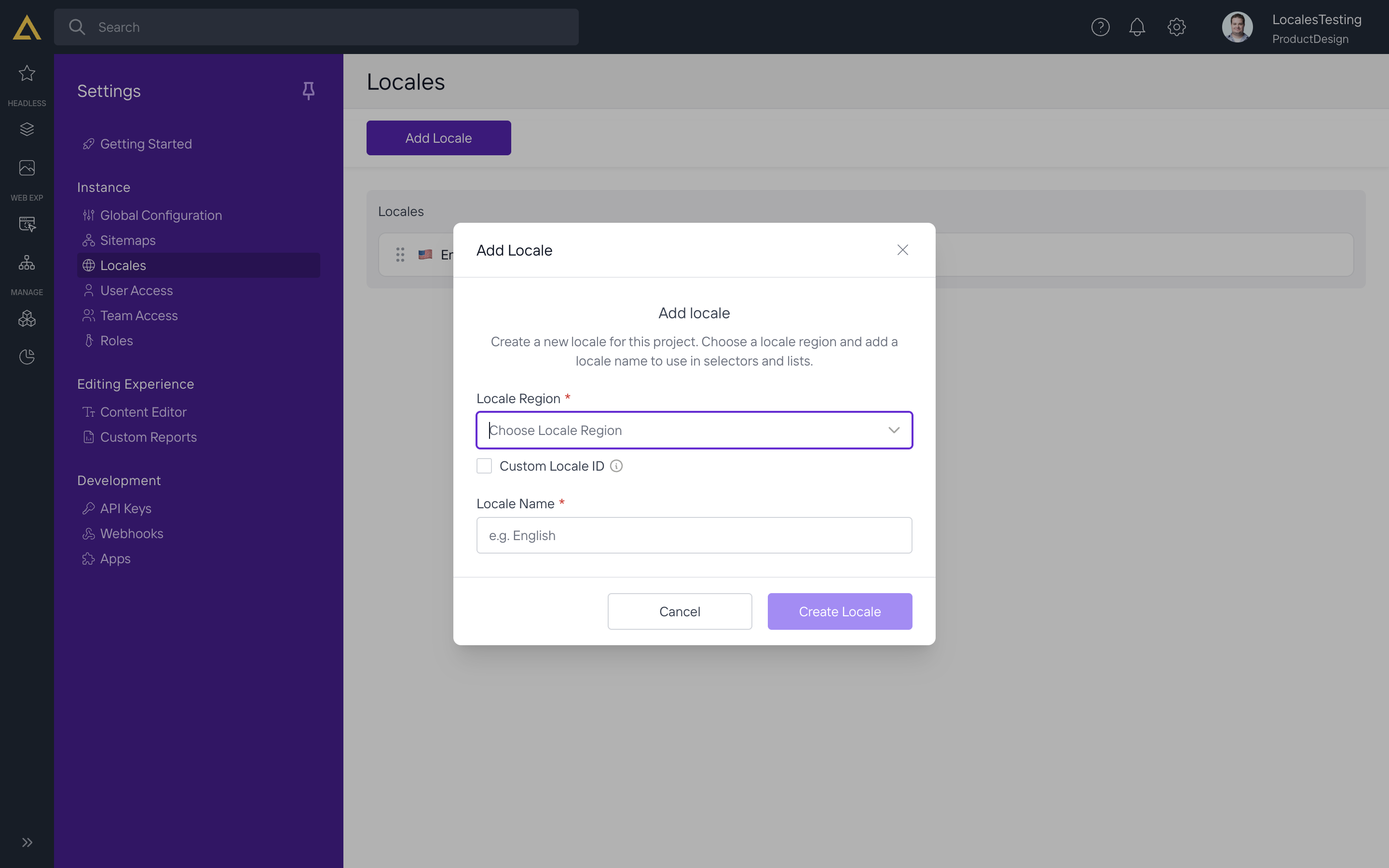 The Add Locale dialog, showing the Locale Region dropdown and the Locale Name field