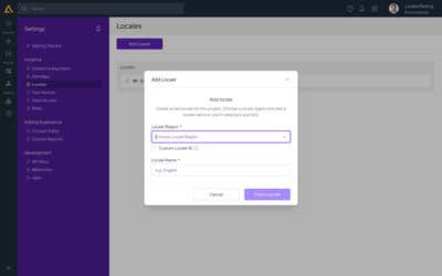 The Add Locale dialog, with the Locale Region dropdown and the Locale Name field
