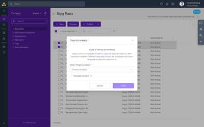 The Copy to Locale(s) dialog, showing the item count, locale selector and Translate Content option