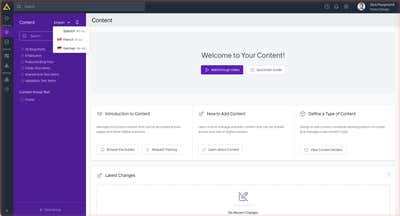 The locale switcher dropdown in the Content section showing available locales