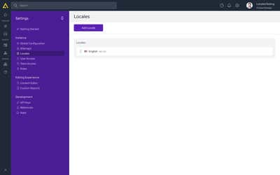 The Locales settings page for a new instance, with English (en-us) as the only locale